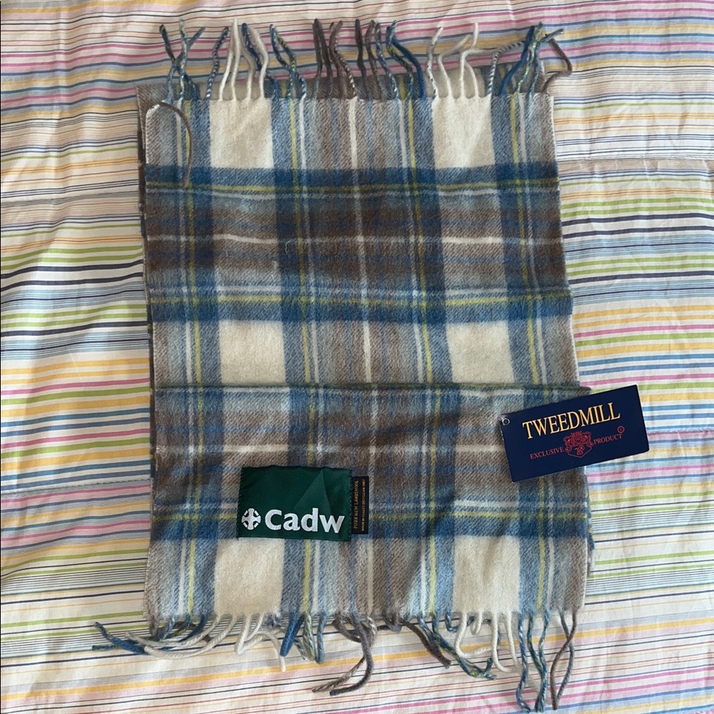 Tweedmill Cadw Plaid Pure Lambswool Scarf Made in Wales Blue Brown Cream‎ Fringe